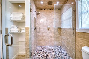 Shower, hair dryer, towels - Waterfront Lagoon Home | 3BR | Game Room | Pet Friendly (Little Egg Harbor)