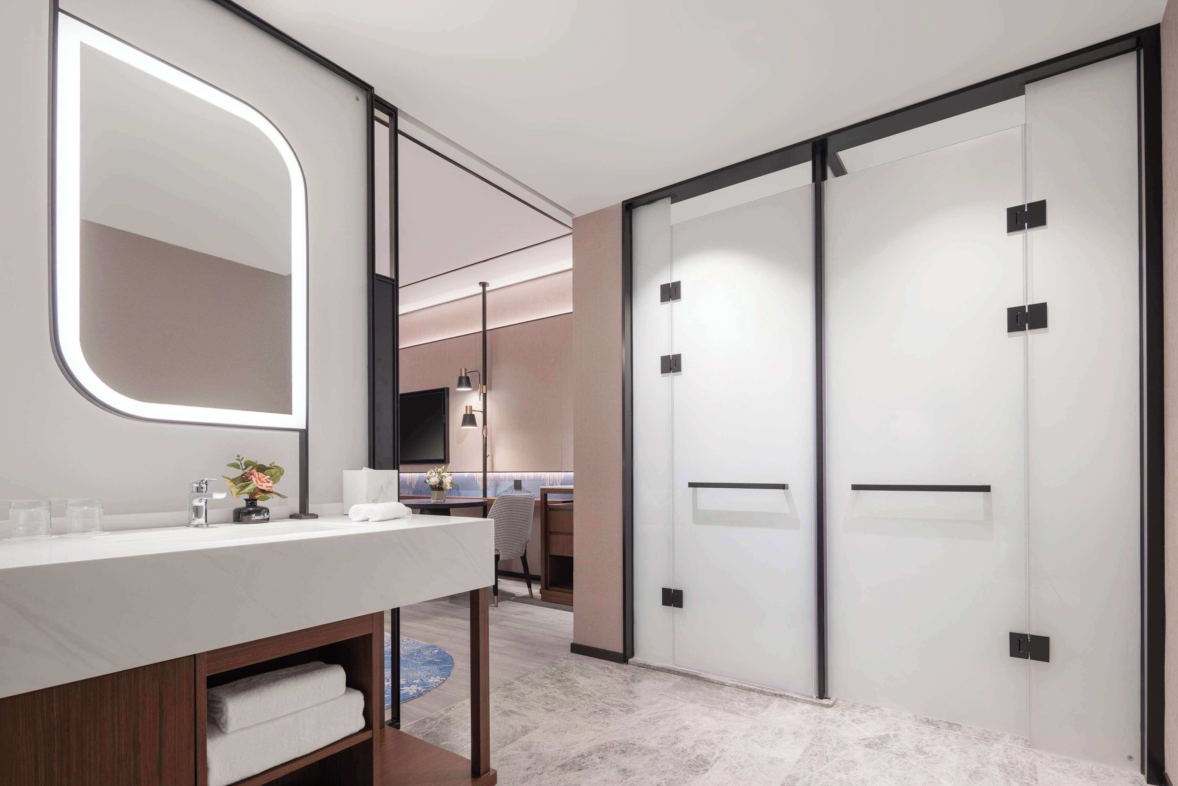 Un baño moderno con un espejo grande, un lavamanos y un perchero. Hay una puerta corredera con paneles de vidrio esmerilado y un marco negro.