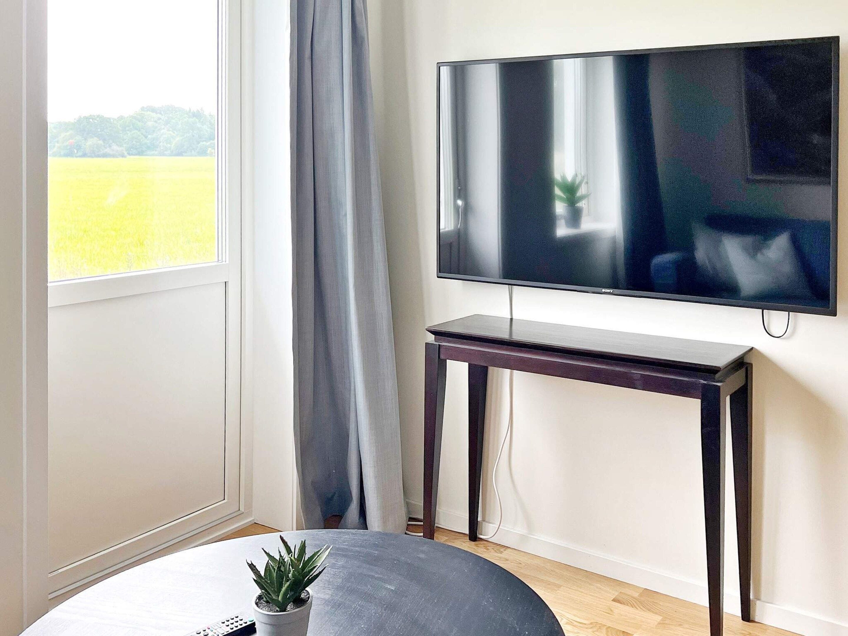A room with a large flat-screen TV mounted on a wall, a small table with a potted plant, and a window with a view of a field.