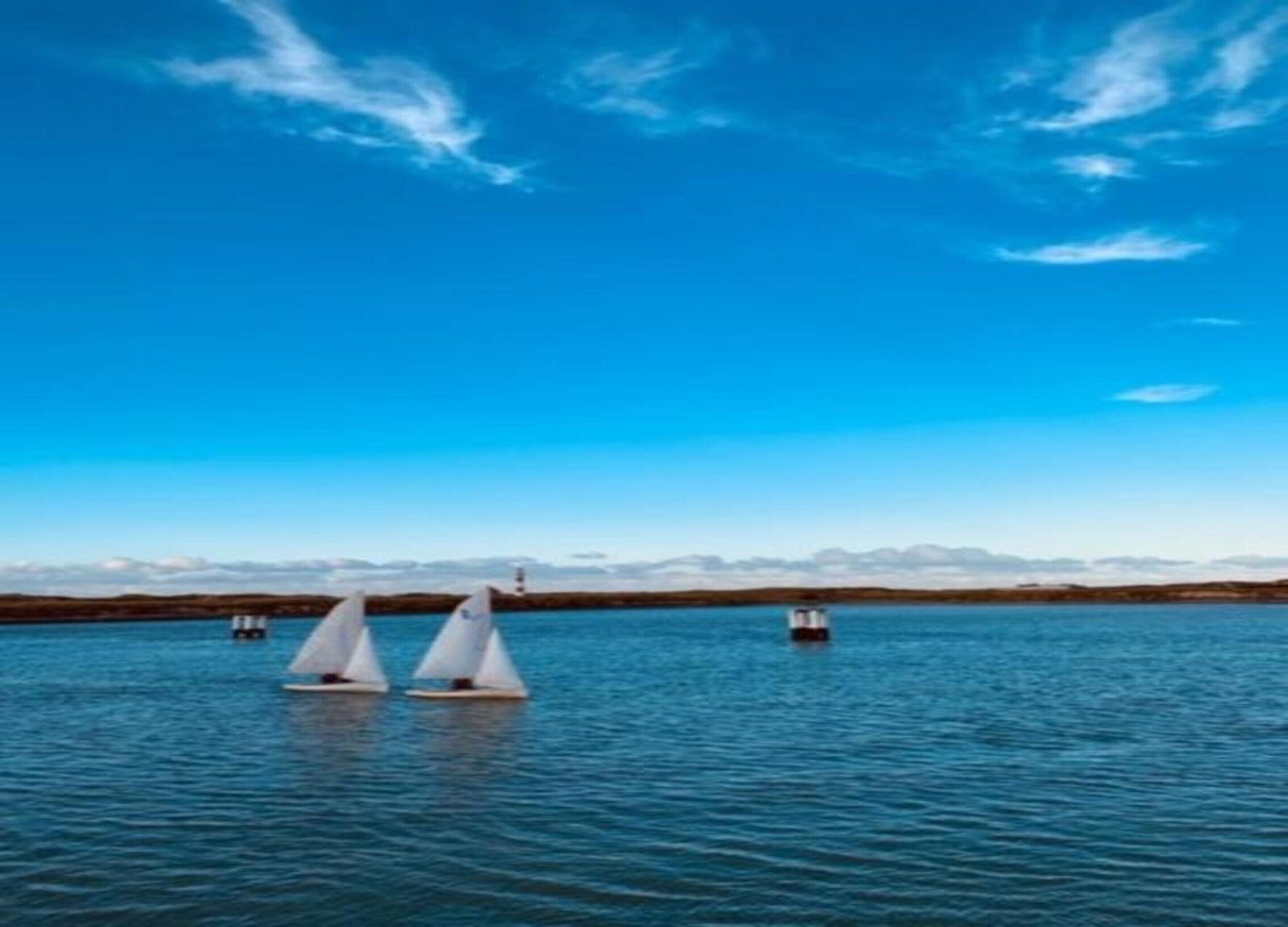Un lac paisible, avec trois voiliers et un phare à l’horizon.