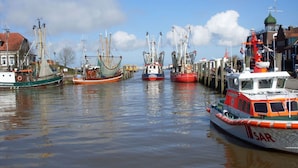 A harbor with several fishing boats docked. - Holiday Home Weisse Robbe (Esens)