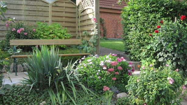Un jardín con un banco de madera, diversas plantas y un muro de ladrillo al fondo.