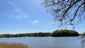 A calm lake with a forested island in the distance and a clear sky. - 4 Star Holiday Home in Skivarp (Skivarp)