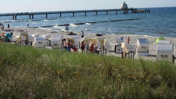 A beach with numbered beach chairs and a pier in the background. - "min Hus" Quiet and Close to the Beach (Zingst)
