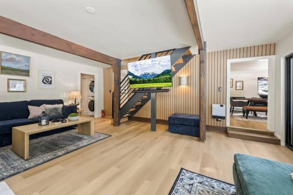 Smart TV, fireplace, books, stereo