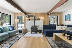 Smart TV, fireplace, books, stereo