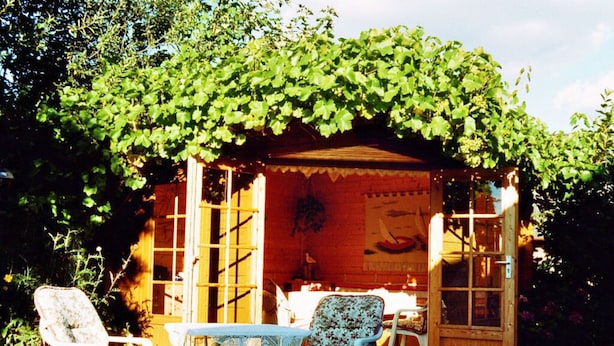 A wooden structure with a table and chairs, surrounded by greenery. - "haus Burck" Modern Retreat (Wankendorf)