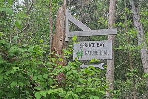 Un panneau en bois indiquant le début du sentier de découverte de la nature de Spruce Bay.