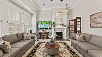 Smart TV, fireplace, books