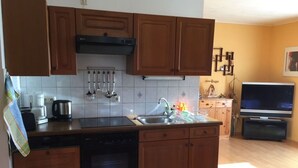 A kitchen with wooden cabinets, a stove, a dishwasher, and a TV. - Daumler "house Am Weisswald" (Breitenbrunn/Erzgeb.)