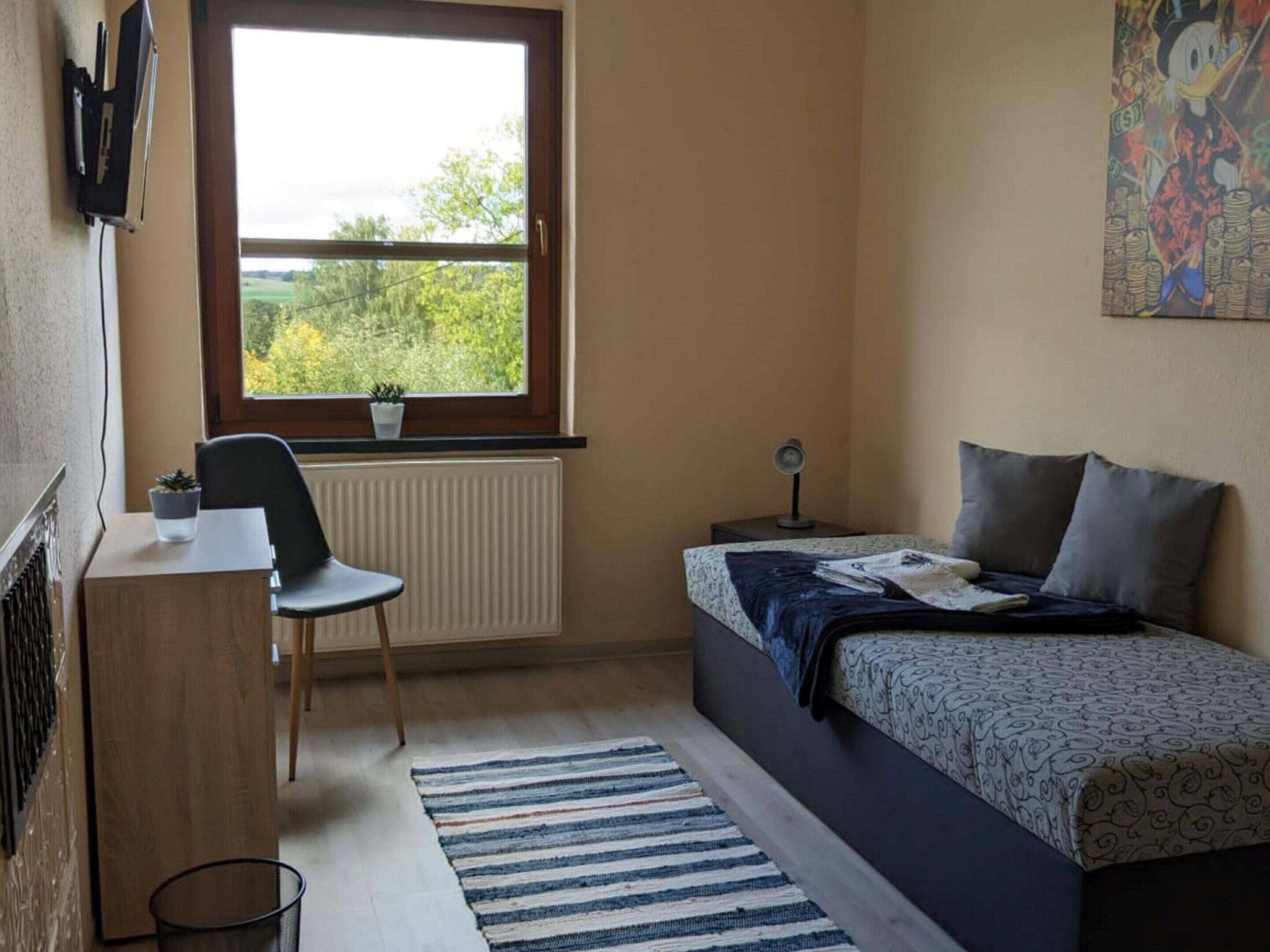 A bedroom with a bed, a desk, a chair, a radiator, a window with a view, and a small plant.
