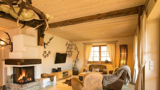 A cozy living room with a fireplace, wooden furniture, and antler decorations. - Castle Chalet No. 19 (Ilsenburg)