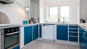 A modern kitchen with blue cabinets, a stainless steel oven, and a window with a view. - 8 Person Holiday Home in Nordborg (Nordborg)