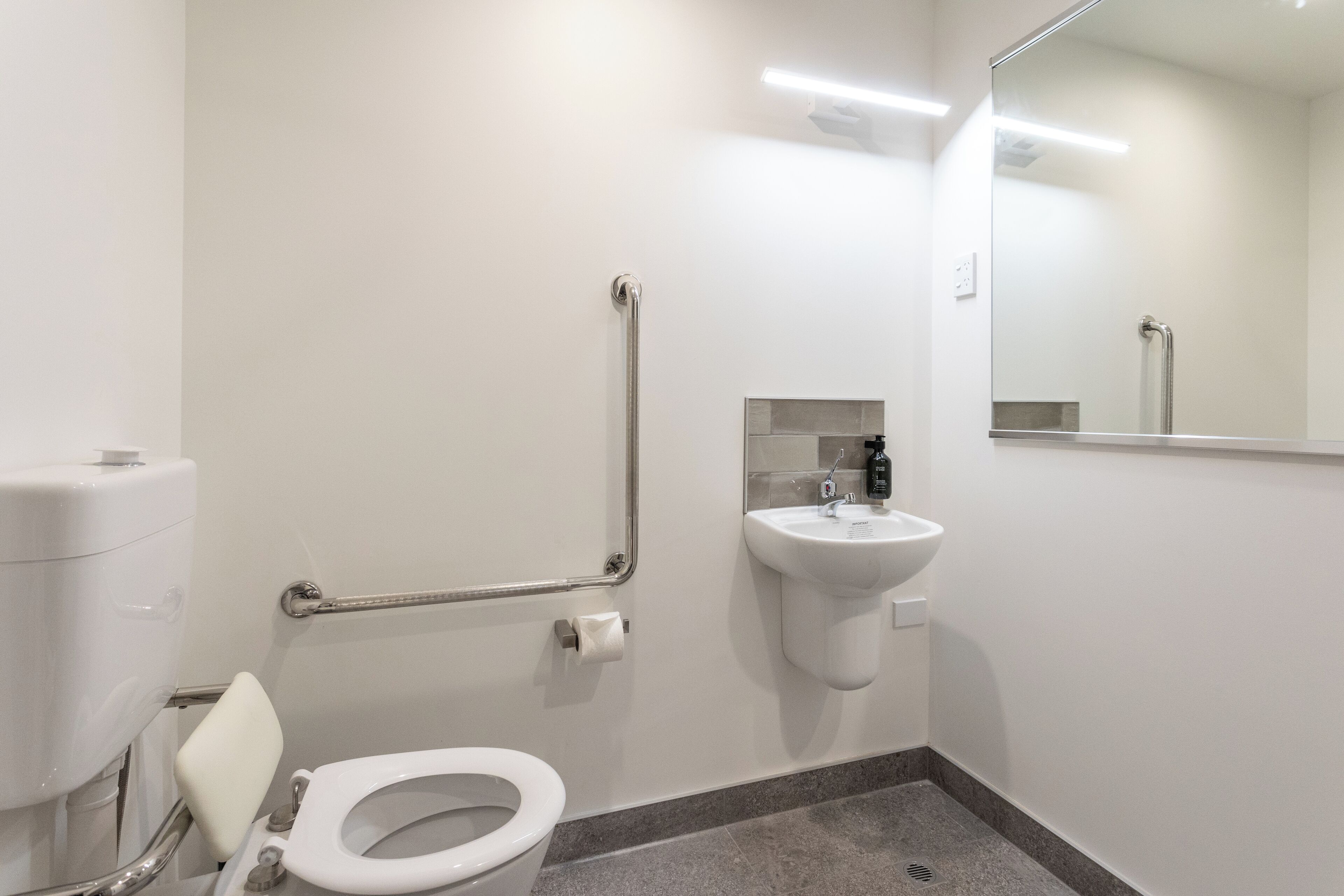 A modern bathroom with a toilet, grab bars, a sink, and a mirror.