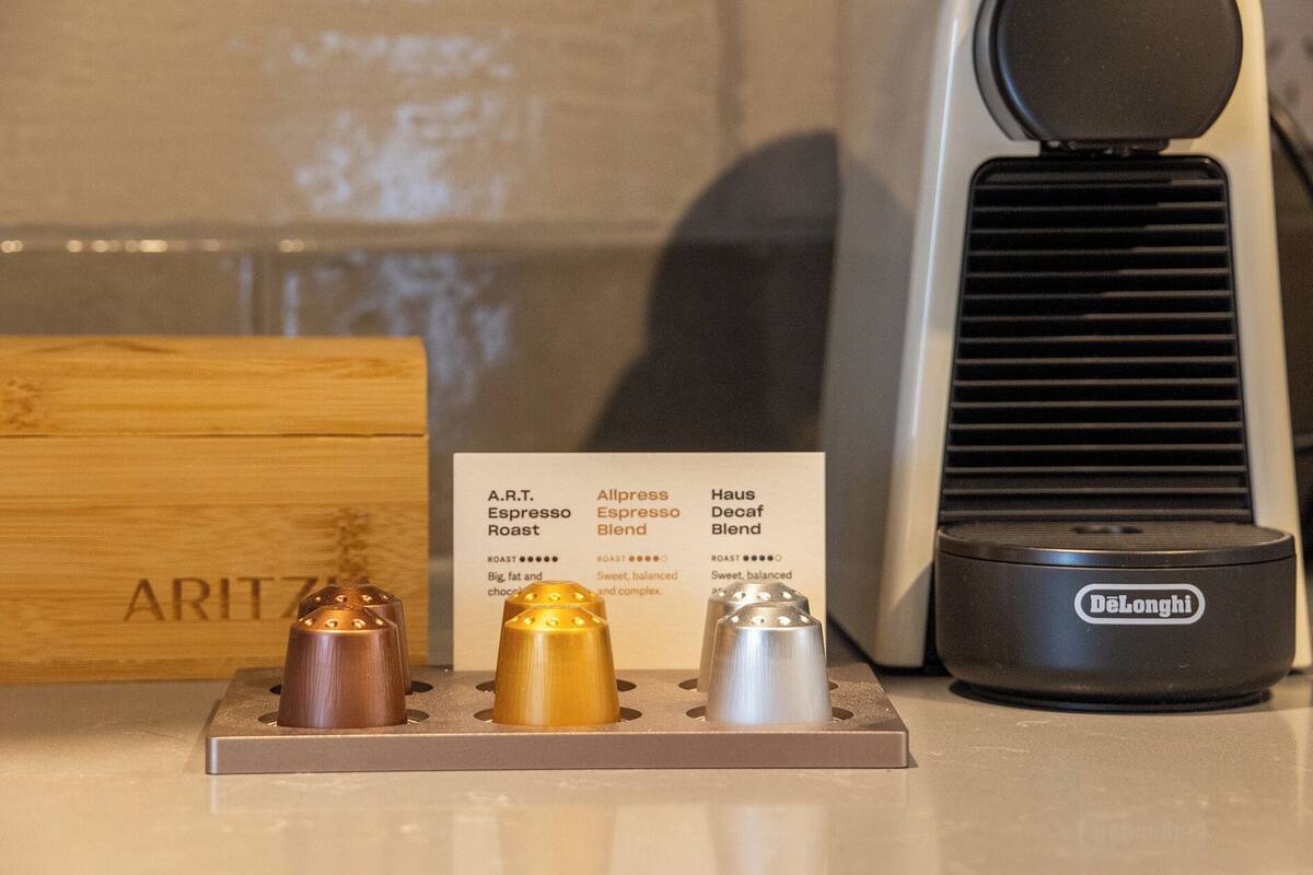 Espresso maker, coffee/tea maker, mini-fridge, electric kettle