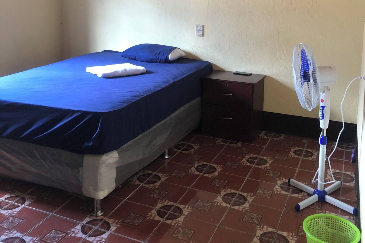 A bedroom with a bed, a nightstand, a standing fan, and a green basket.
