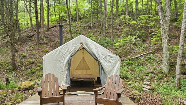 Une tente comprenant un espace de couchage et deux chaises en bois, le tout installé sur une plateforme en bois, au cœur d’une forêt.