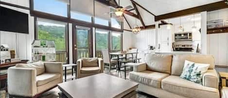 TV, fireplace, books, offices