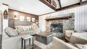 TV, fireplace, books, offices