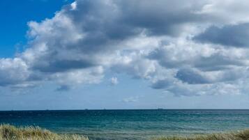 A beach with a clear sky and ocean.