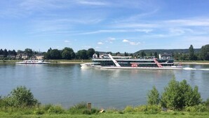 A river with a large cruise ship docked at a pier. - 5 Rheinblick Modern Retreat (Linz am Rhein)