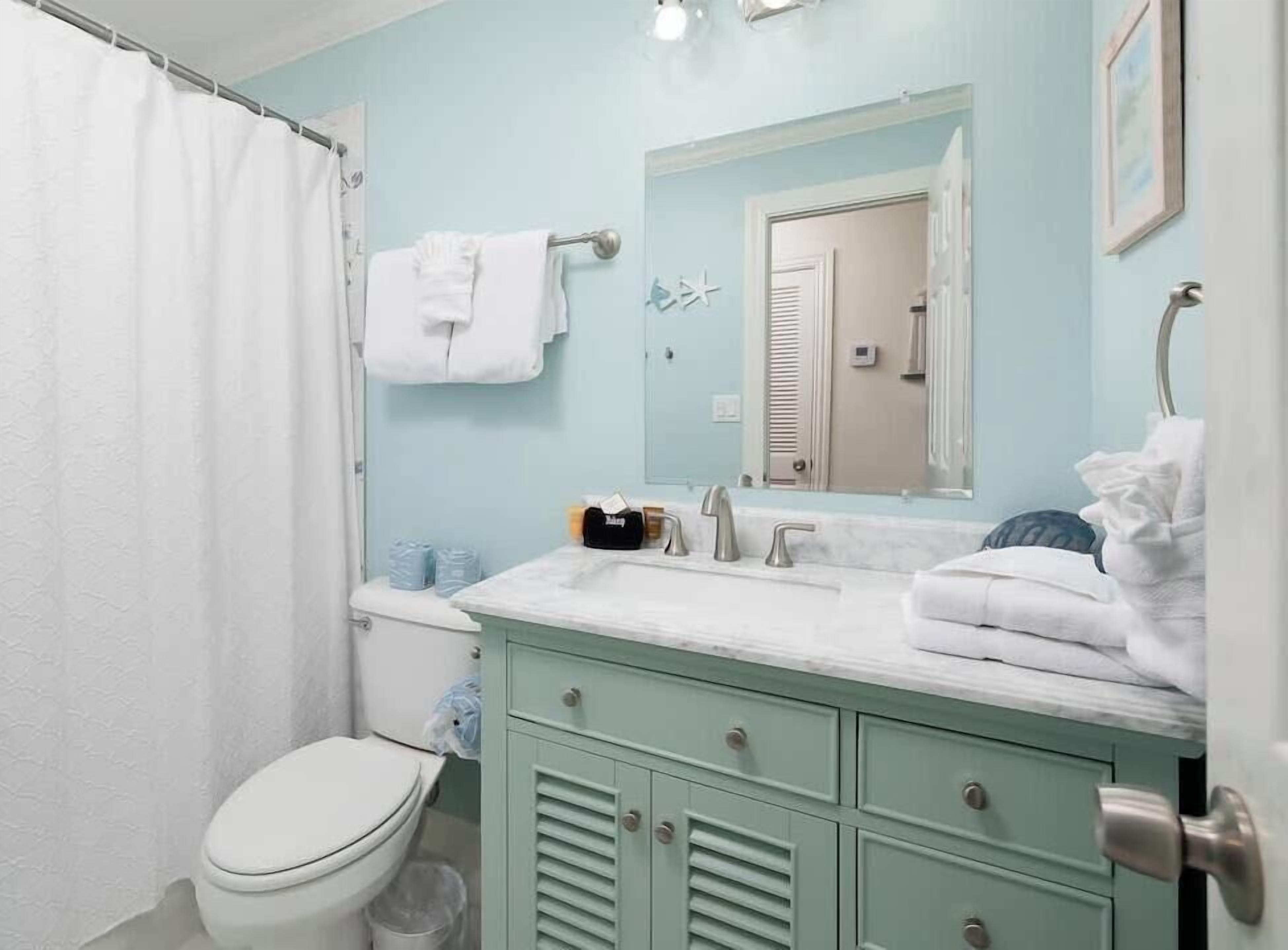 Un bagno con un WC bianco, un lavandino con uno specchio sopra e una tenda della doccia.
