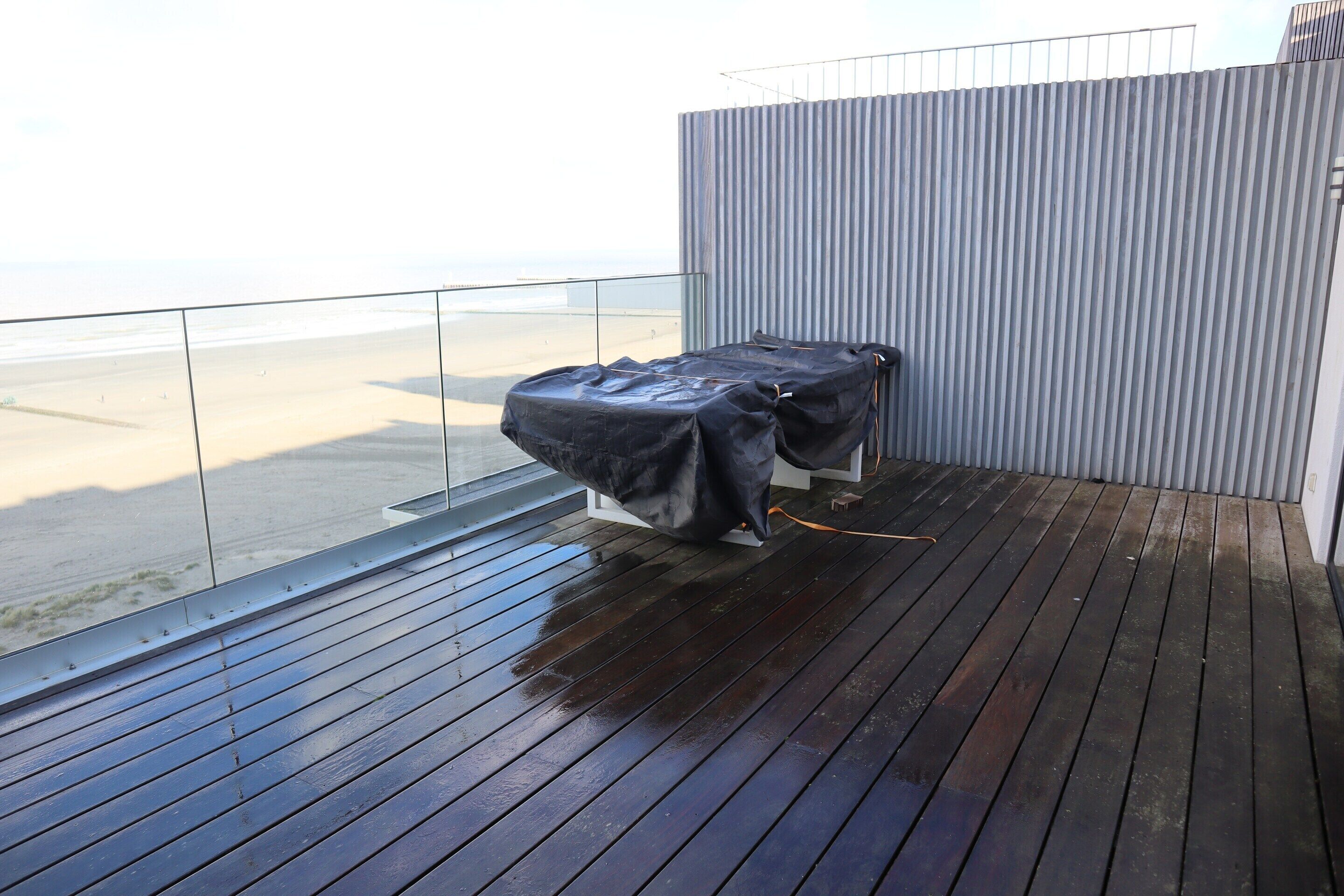 A balcony with a view of the beach, a metal railing, and a covered grill area.