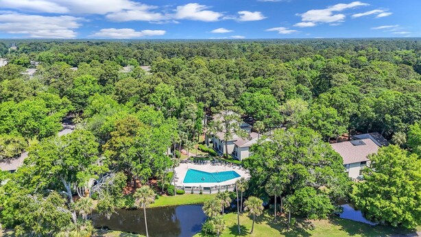 A residential area with a swimming pool surrounded by lush greenery and a pond. - Luxury Hilton Head Townhome with pool and biking distance to beach (Hilton Head Island)