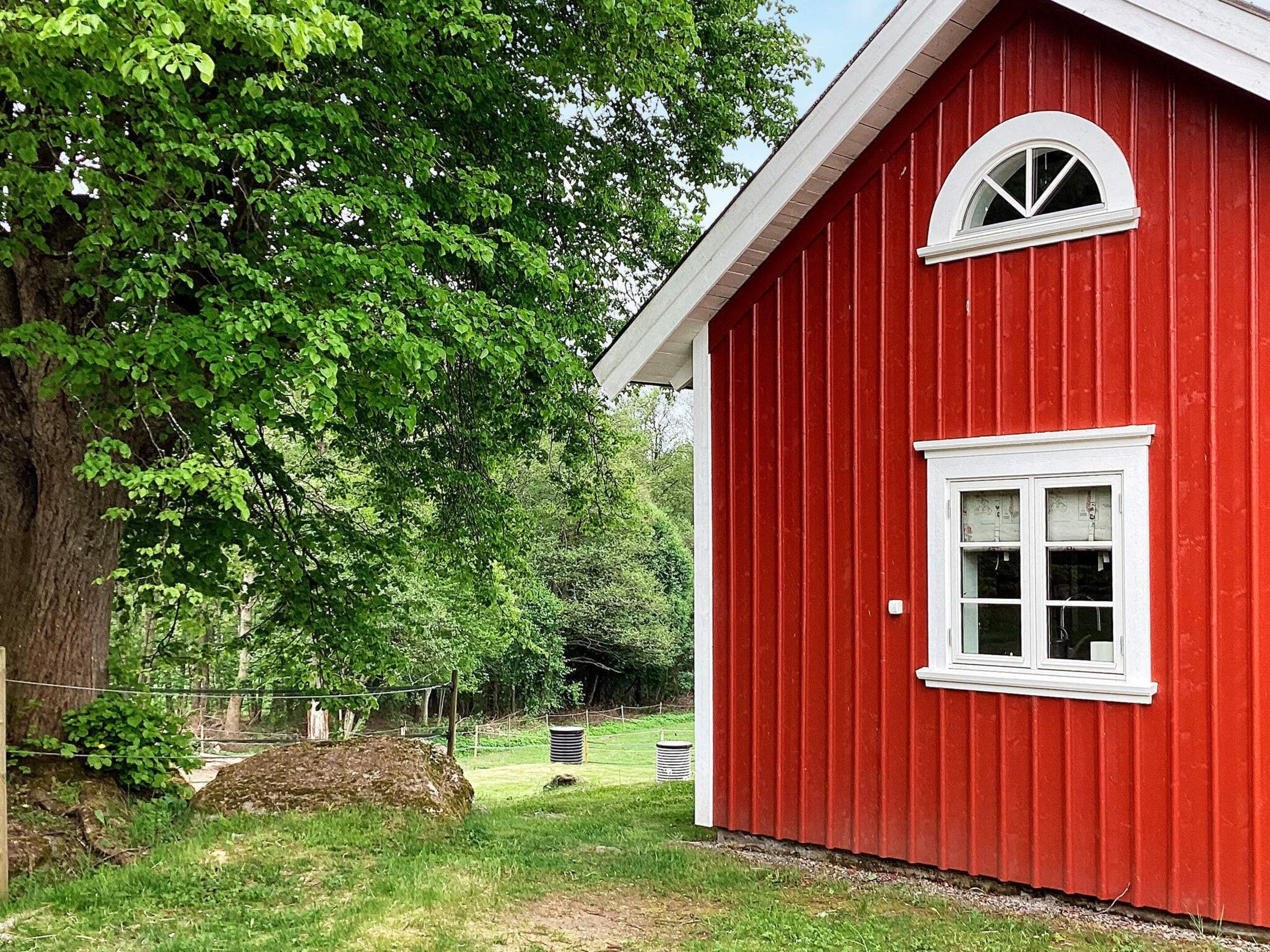A red barn with a white window and a white door, surrounded by green trees and grass.
