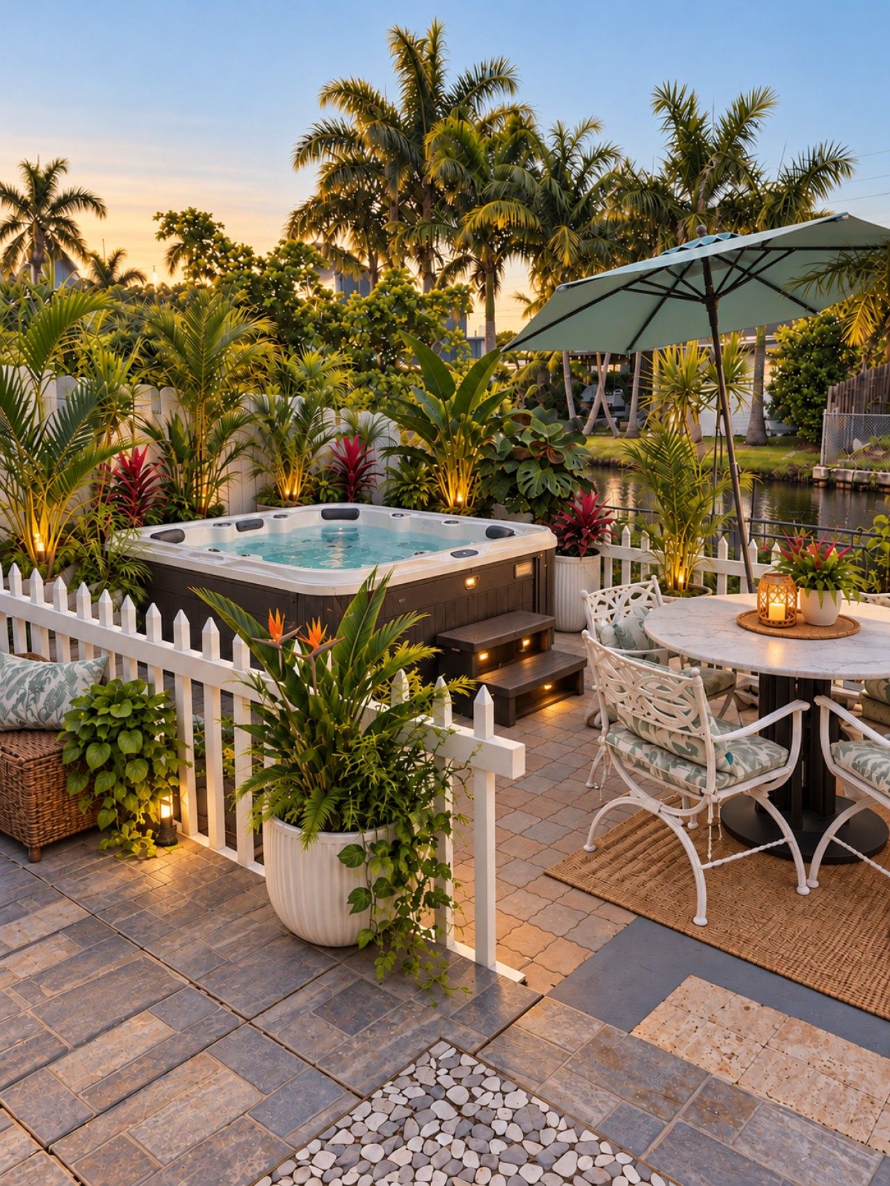 Un bain à remous entouré d’une végétation tropicale luxuriante, une clôture blanche en bois et un espace repas avec des meubles d’extérieur.