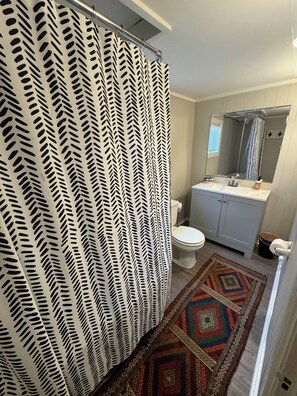 Une salle de bain avec un rideau de douche à motifs, des toilettes, un lavabo avec un miroir et un tapis coloré.