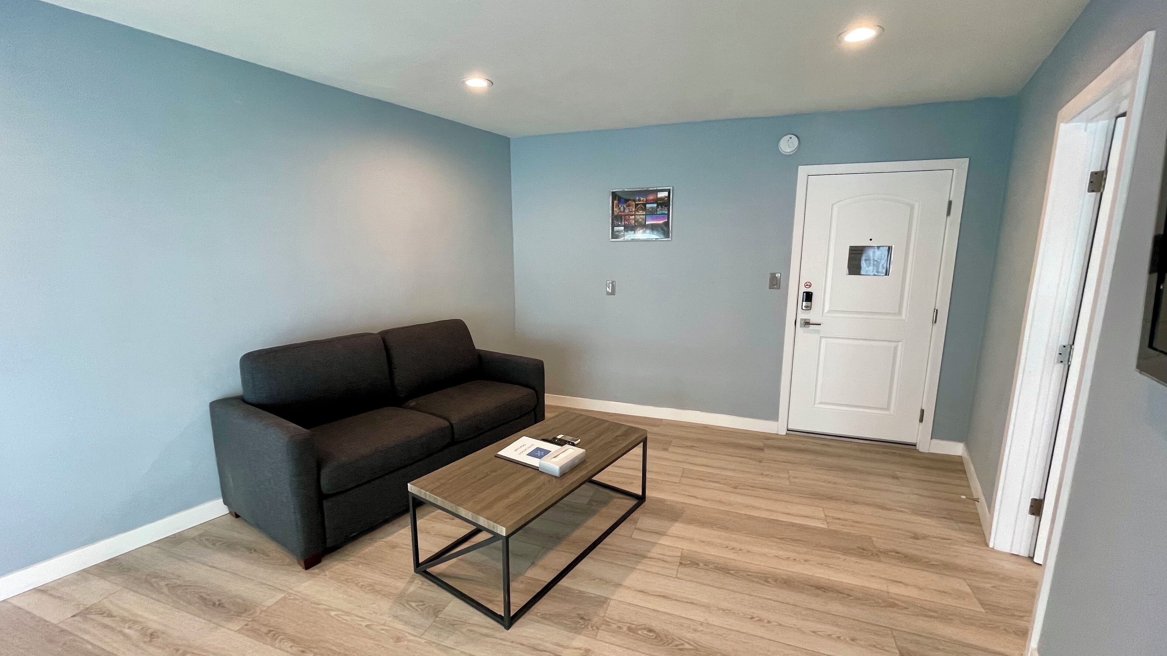 A room with a dark grey sofa, a wooden coffee table, and a white door with a peephole.