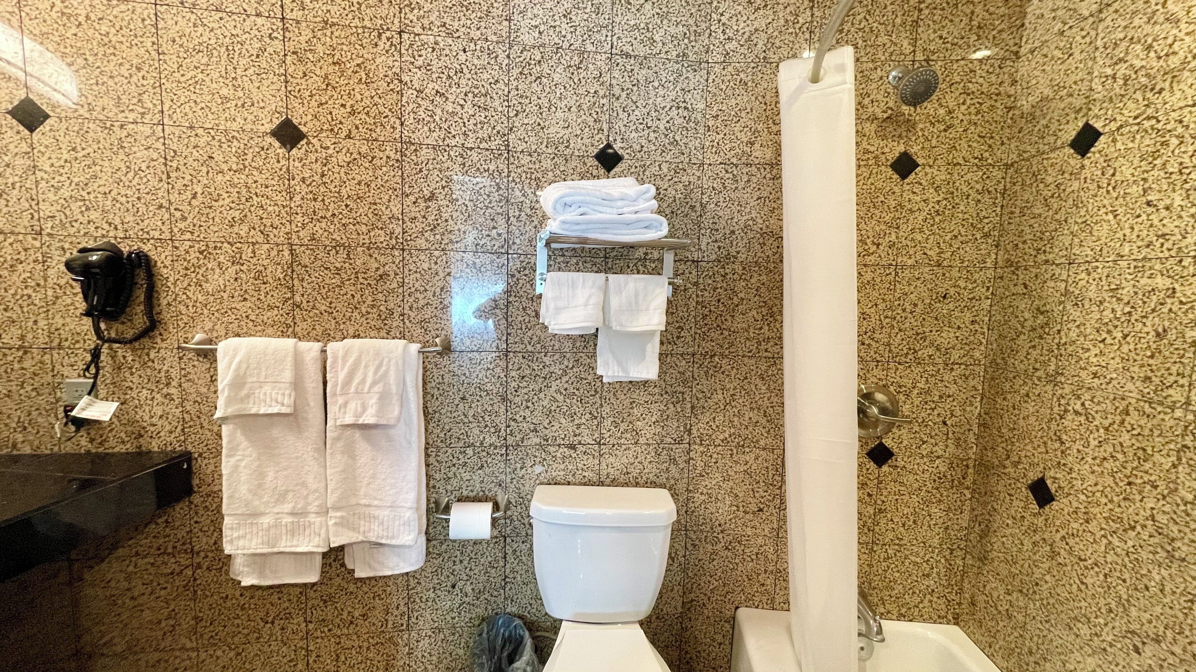 Une salle de bain équipée de toilettes, d’un lavabo et d’une douche. Des serviettes sont suspendues sur un porte-serviettes et un sèche-cheveux est fixé au mur.