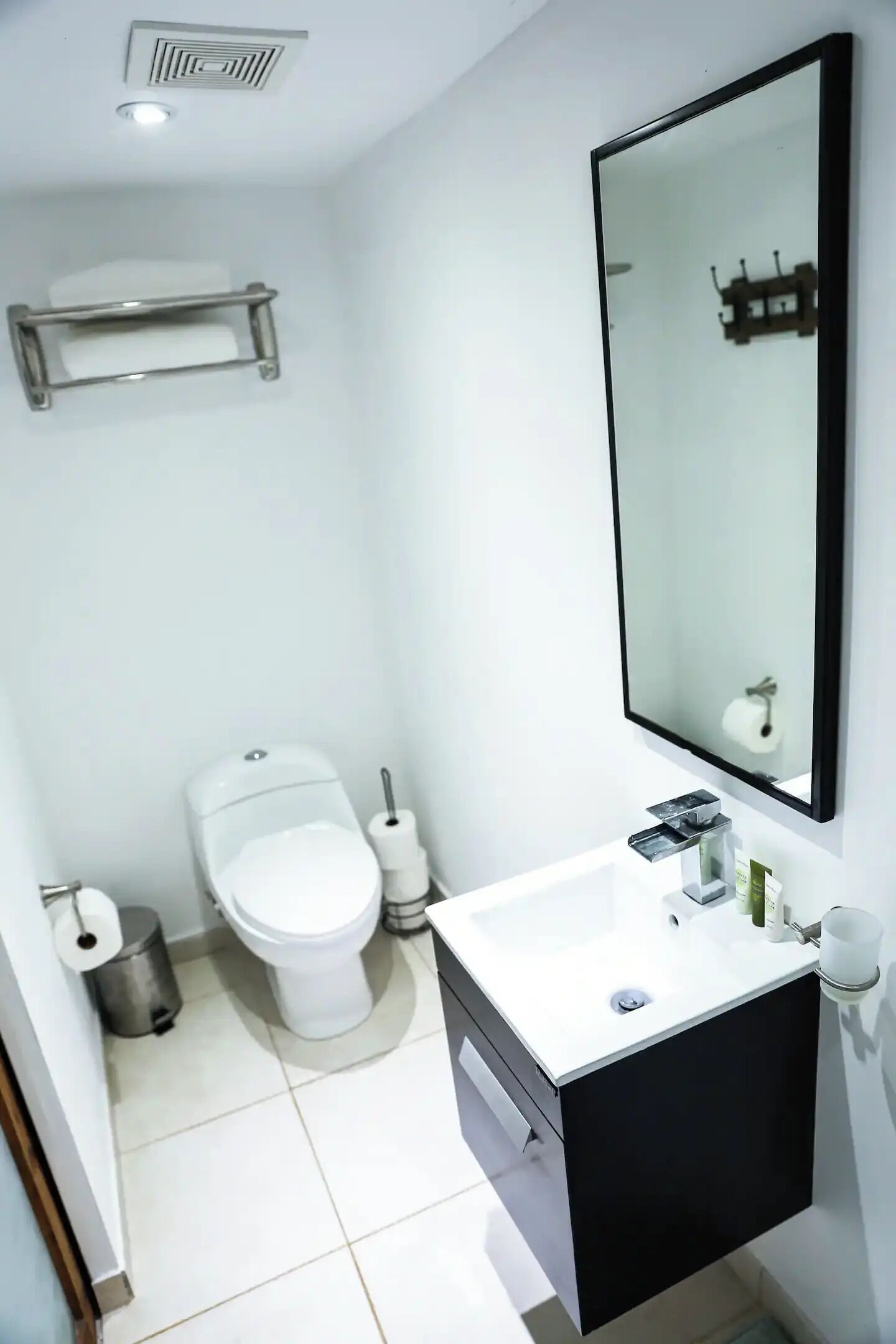 Een kleine badkamer met toilet, wastafel en spiegel.