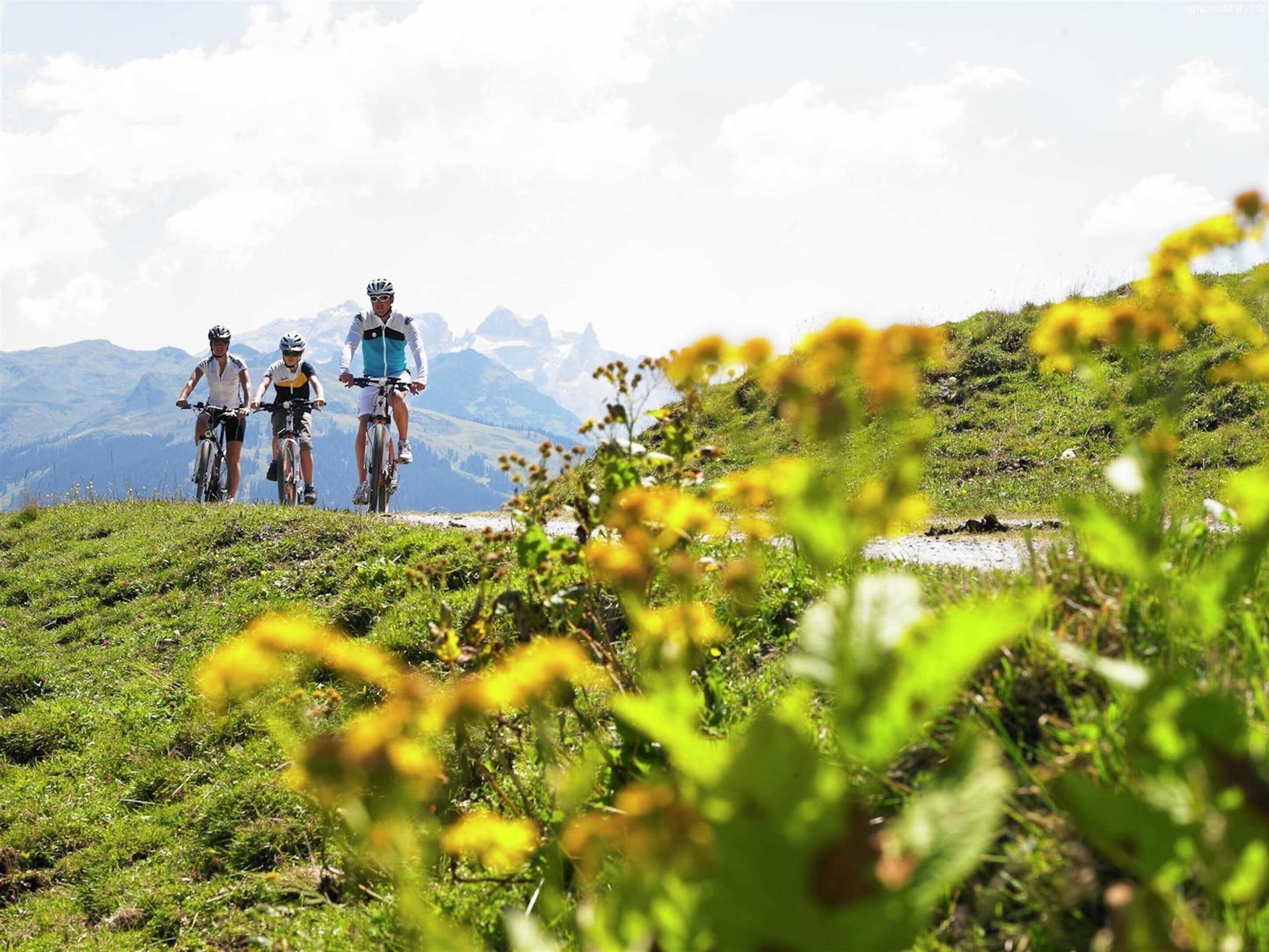 Three cyclists on a mountain trail with a view of distant mountains.
