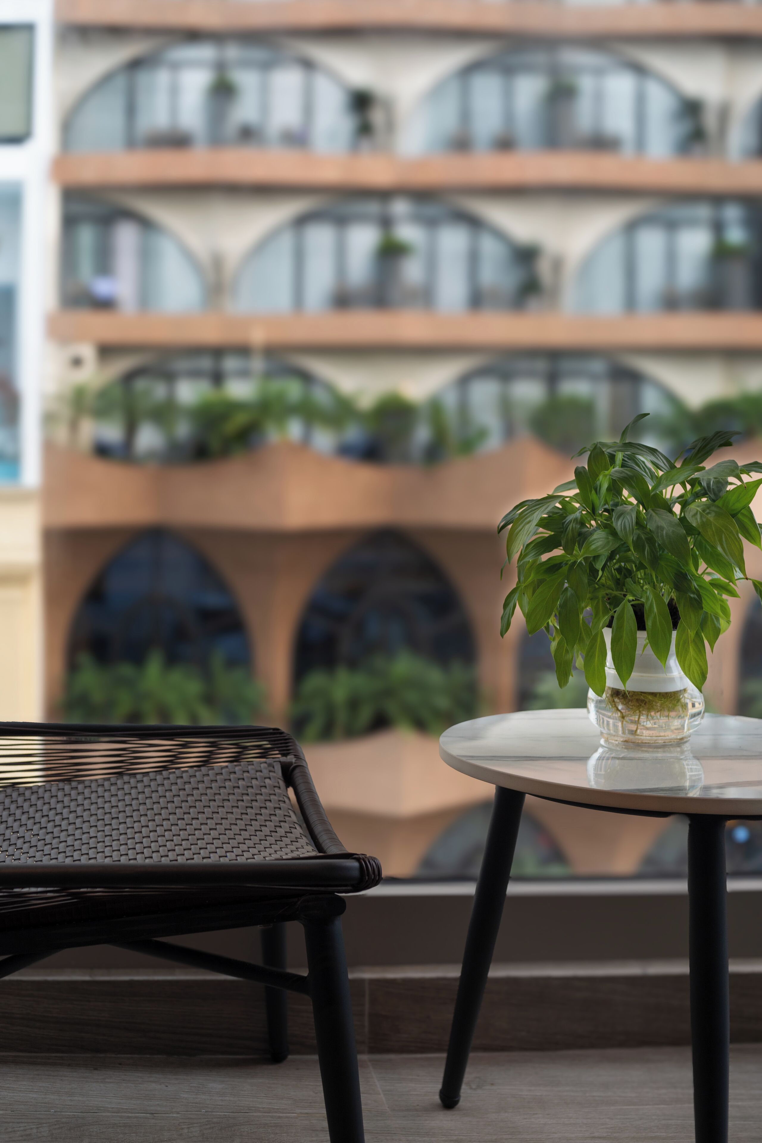 A balcony with a potted plant, a chair, and a table.