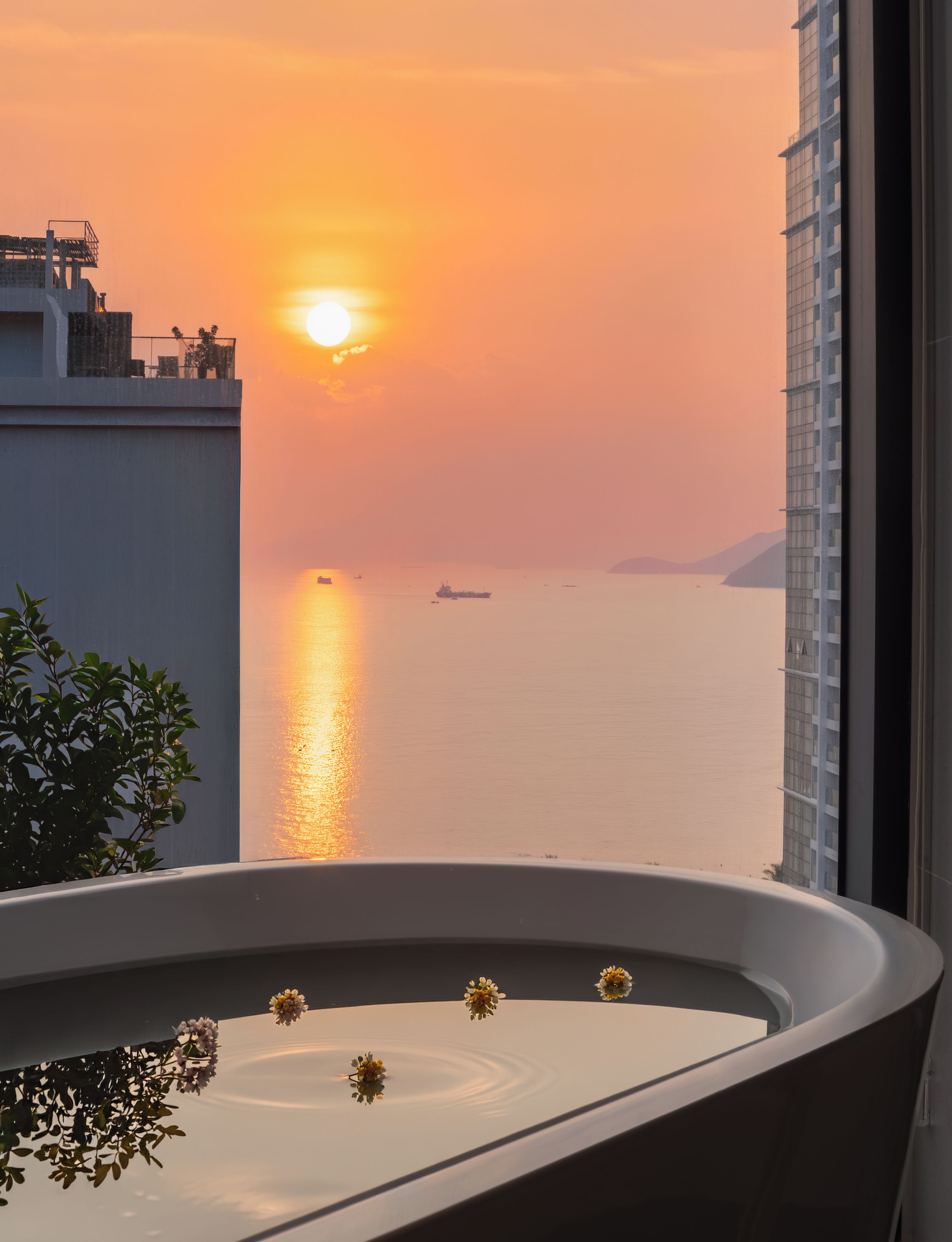 A sunset view from a balcony with a pool and flowers, overlooking a calm sea and distant land.