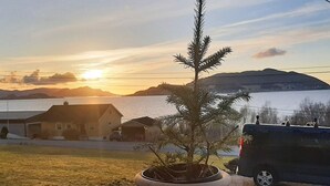 A potted plant in the foreground with a view of a house and a body of water in the background during sunset. - 6 Person Holiday Home in Aram (Vanylven)