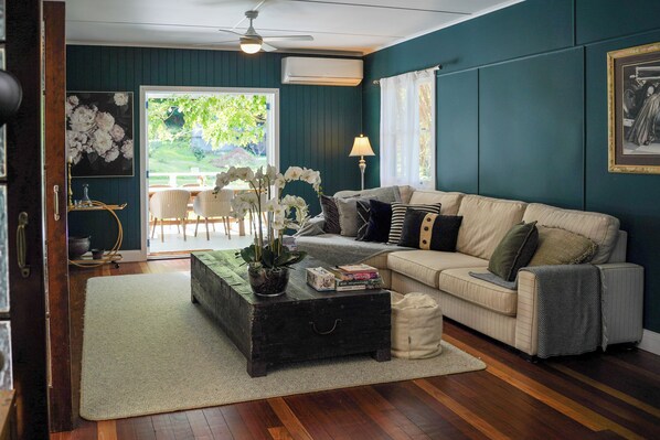 Smart TV, chimenea y libros 