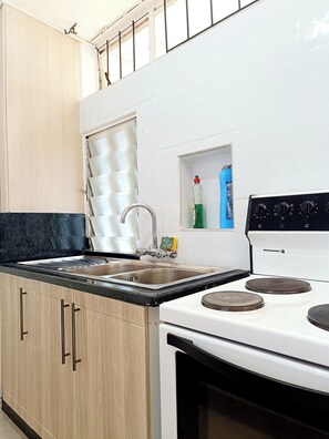 Frigorífico, microondas, horno y placa de cocina