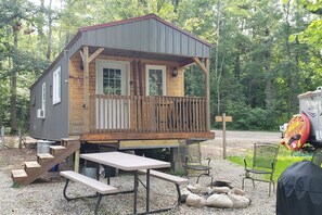 A wooden cabin with a balcony, a picnic table, and a grill area. - Tiny cabin in towering pines. Pets accepted! (Nevis)