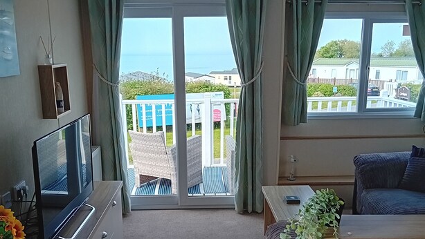 Una habitación con televisión, un sofá, una mesita con una planta y vistas a una zona residencial a través de amplias ventanas.