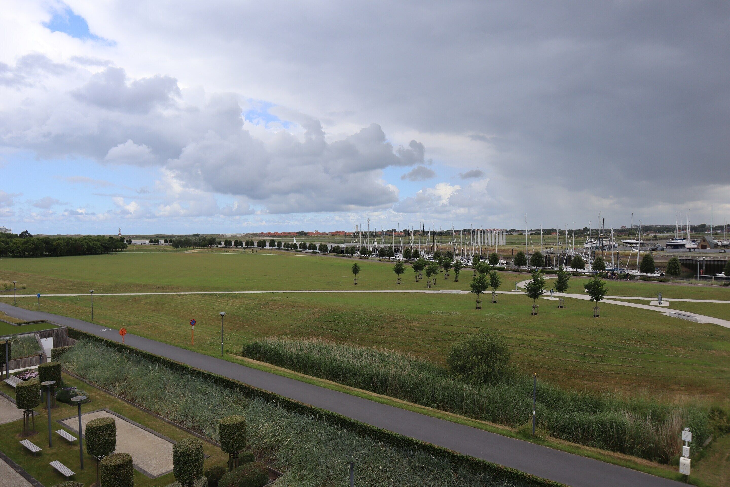A large open field with a pathway and benches, surrounded by trees and a distant view of boats and buildings.