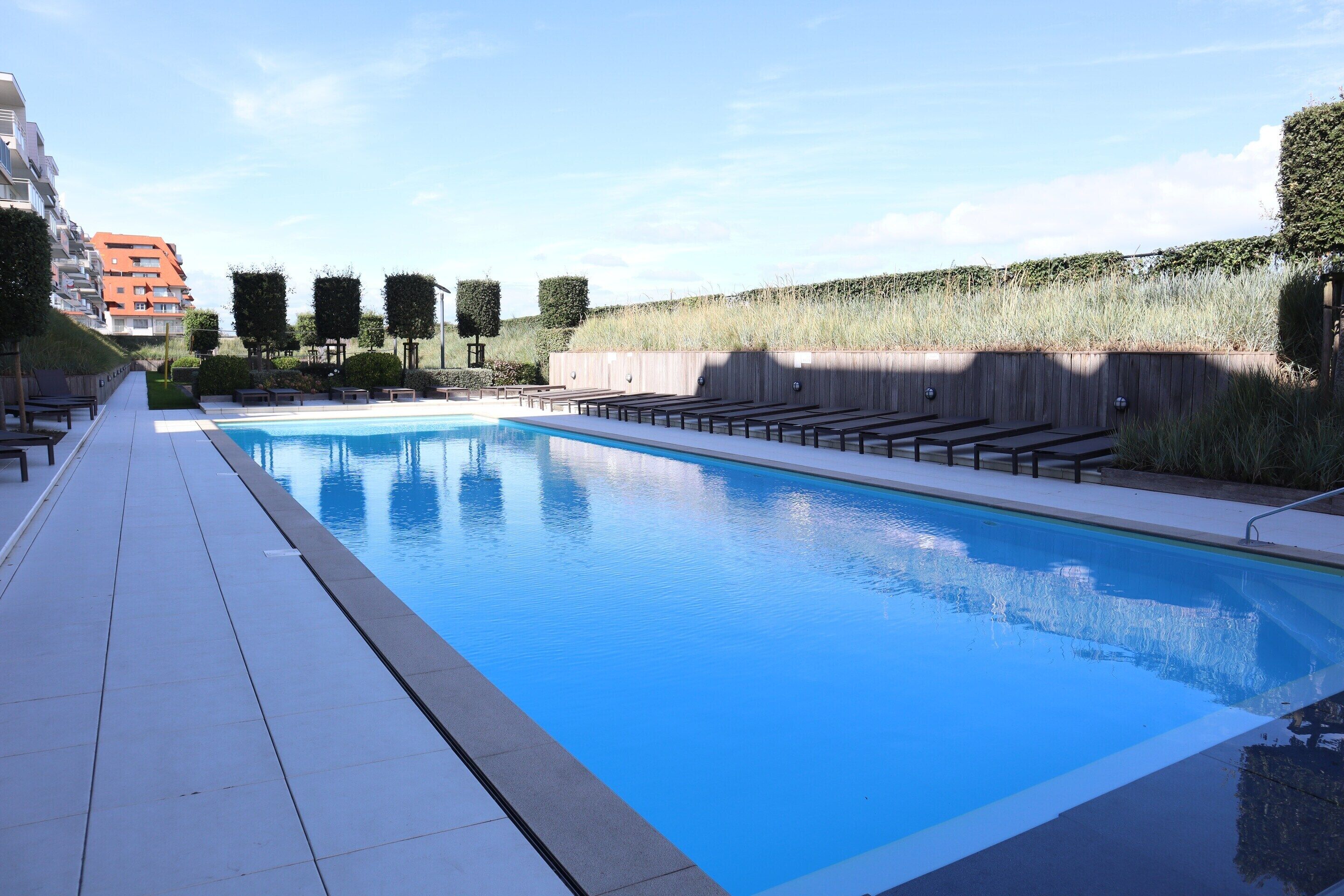 A swimming pool with a tiled deck, benches, and a wooden fence.