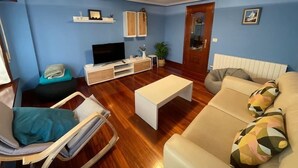 A living room with a sofa, a TV, a coffee table, and a chair. - Bermeo Park - Centrica Casa Independiente (Bermeo)