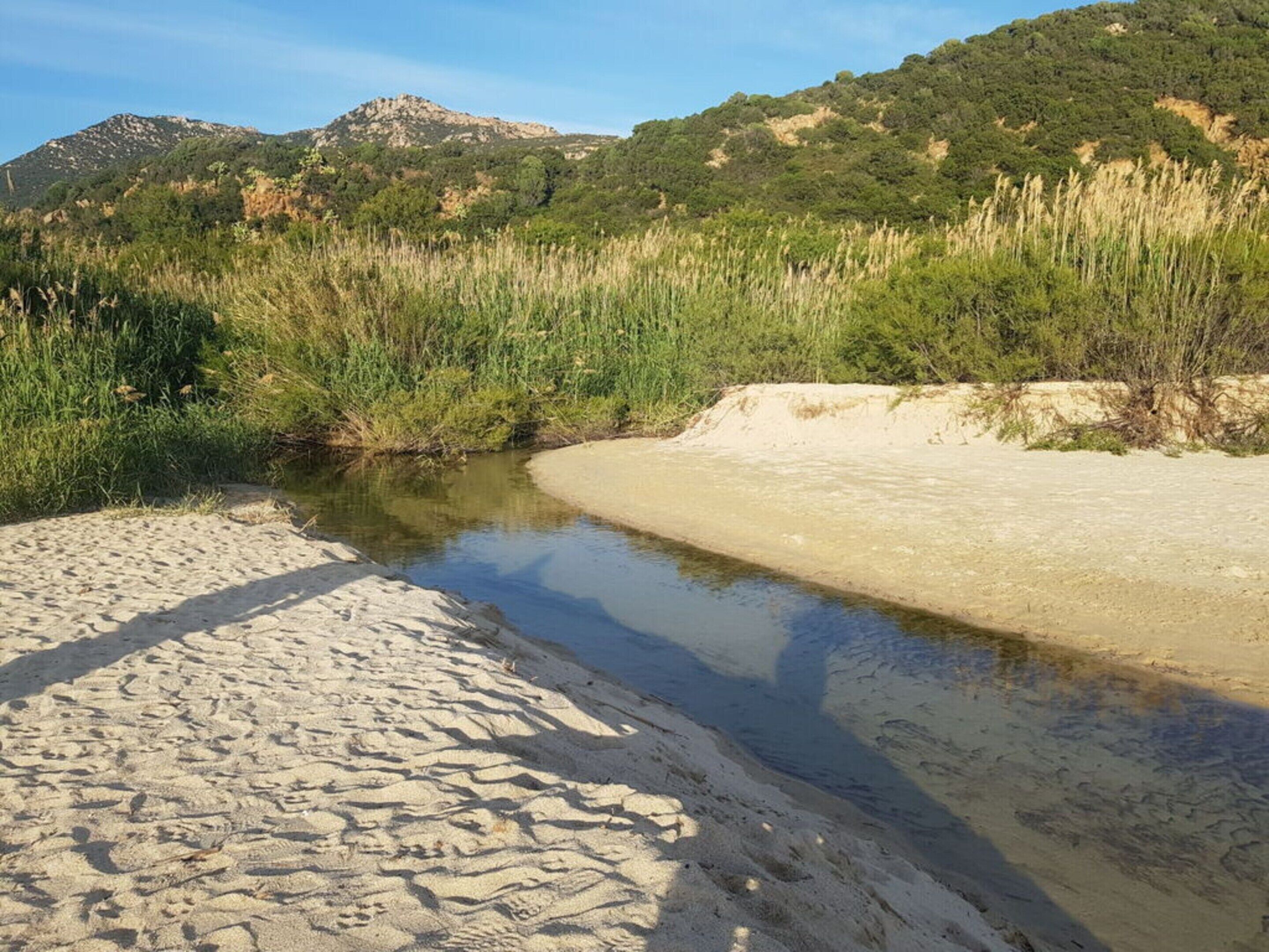 A sandy beach with a small stream, surrounded by green vegetation and hills in the background.