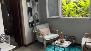 A living room with a wooden chair, a small table with a plant, and a window with a view of greenery. - Saphir et sa Piscine à Débordement 3D Avec Bar à Punch Intégré (Saint-Joseph (Martinique))