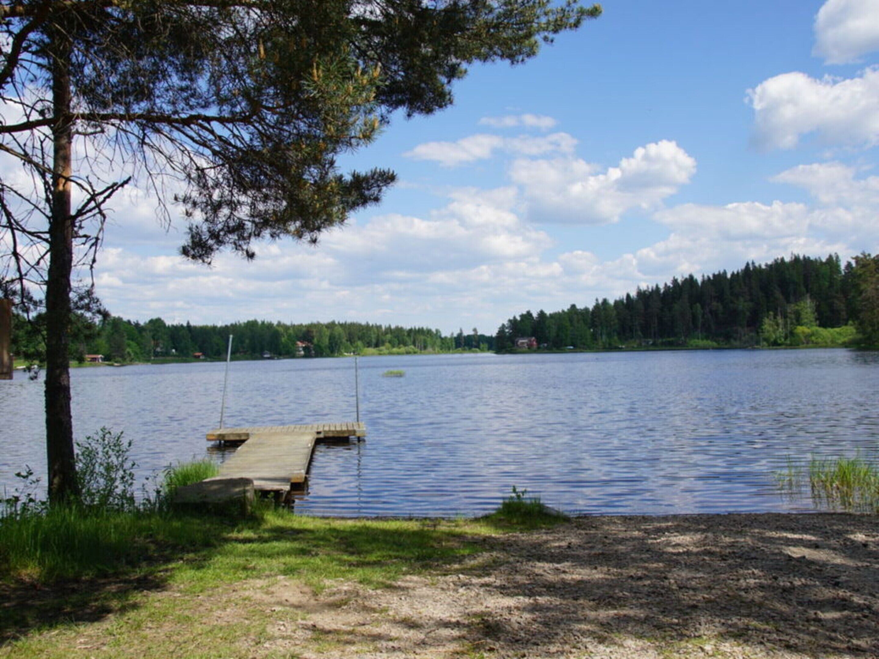 A calm lake with a wooden dock extending into the water, surrounded by trees and a clear sky.