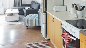 Een moderne keuken met een fornuis, een broodrooster en een gootsteen. Op de vloer ligt een gestreept tapijt en er staat een bank op de achtergrond.