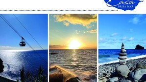 A coastal scene with a cable car, a sunset over the ocean, and a stack of stones on a beach. - Holiday Home Casa Brisa Mar in Prazeres (Calheta)